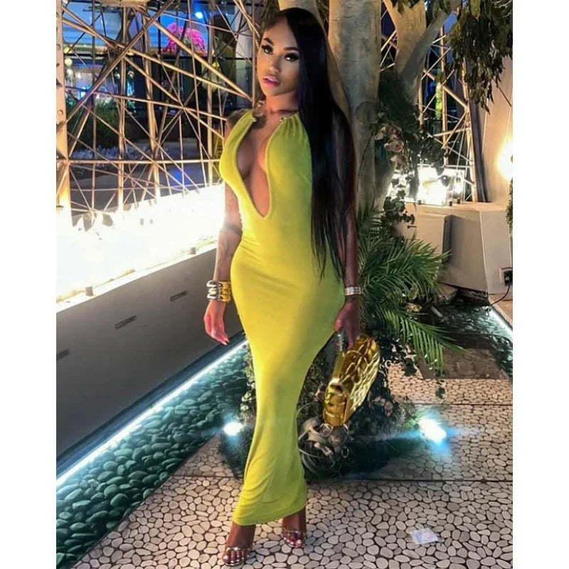 Sexy Women Deep V-neck Halter Maxi Dress Chic Solid Sleeveless Slim Fit Bodycon Dresses 2026 New Summer Club Party Evening Robes