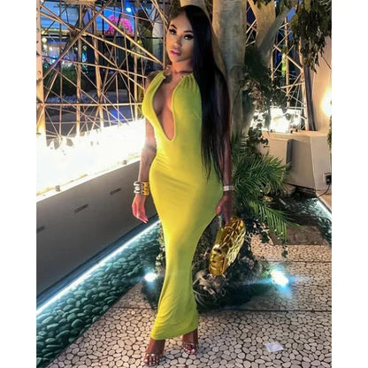 Sexy Women Deep V-neck Halter Maxi Dress Chic Solid Sleeveless Slim Fit Bodycon Dresses 2026 New Summer Club Party Evening Robes