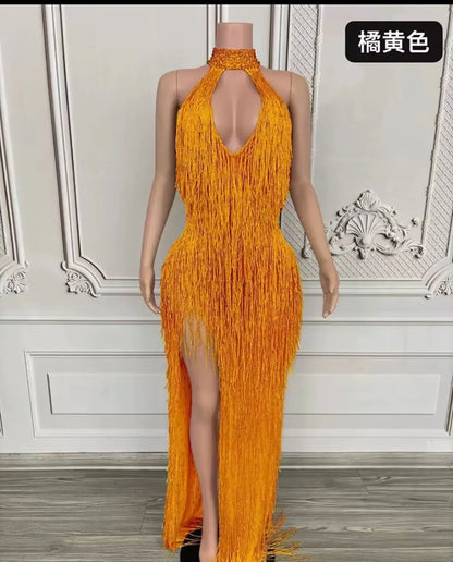 Rhinestones Fringes Long Gold Party Dress Luxury Women Sleeveless Evening Prom Gown Performance Singer Costume Birthday outfit