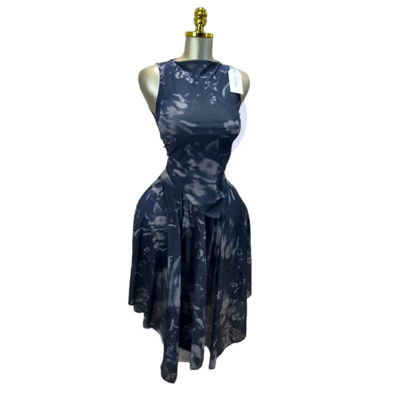 Two Pieces Women Dress Sets Print Matching Sets Slash Neck Sleeveless Shirt Knee Length Empire Waist Skirt Casual 2026 Spring