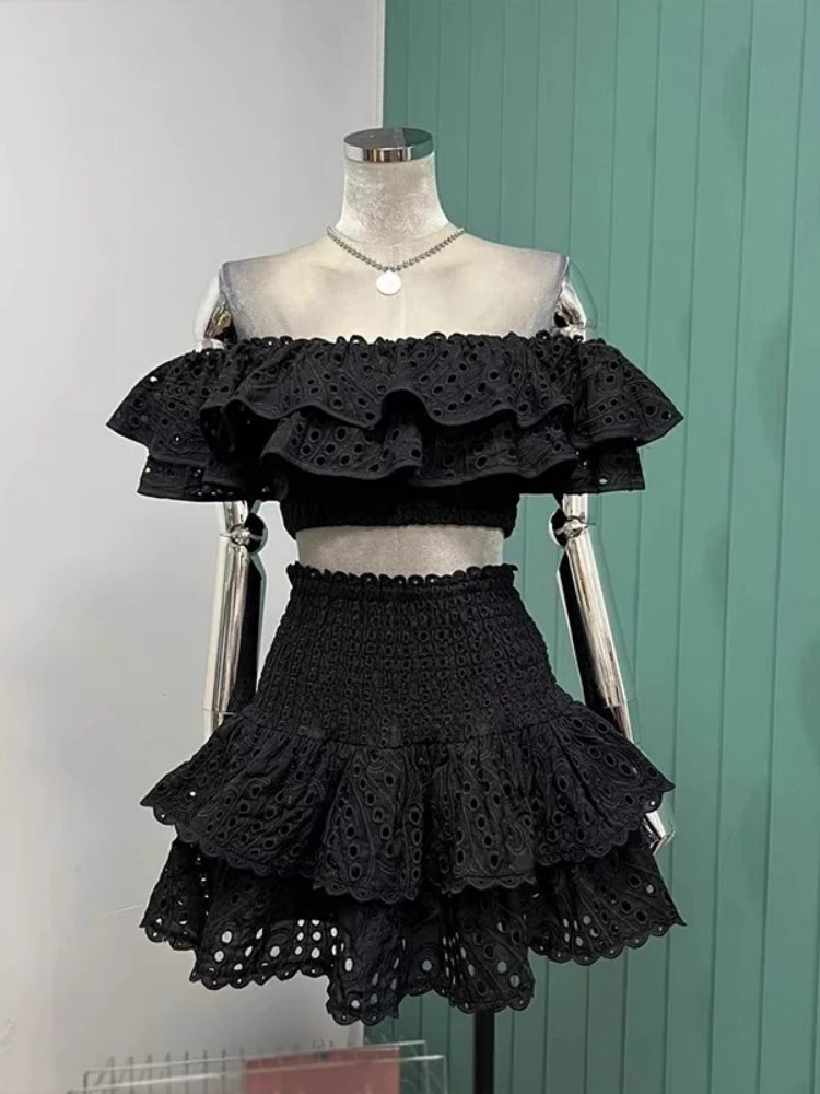 JAMERARY Summer Embroidery 2 Pieces Women Sets Slash Neck Elastic Ruffles Cropped Top + Mini Skirt Suits Hollow Out Outfits