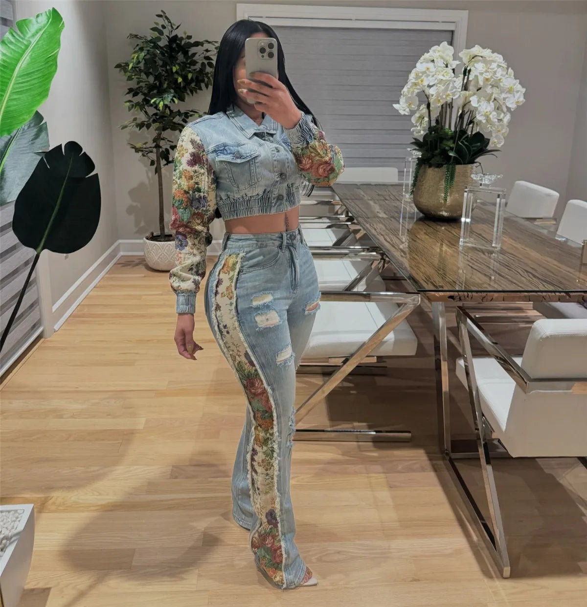 Jeans Suit Women Denim Two Piece Set Short Coat Pants Outfits Hole Trousers Flower Print Turn Down Collar Autumn 2025 Y2k