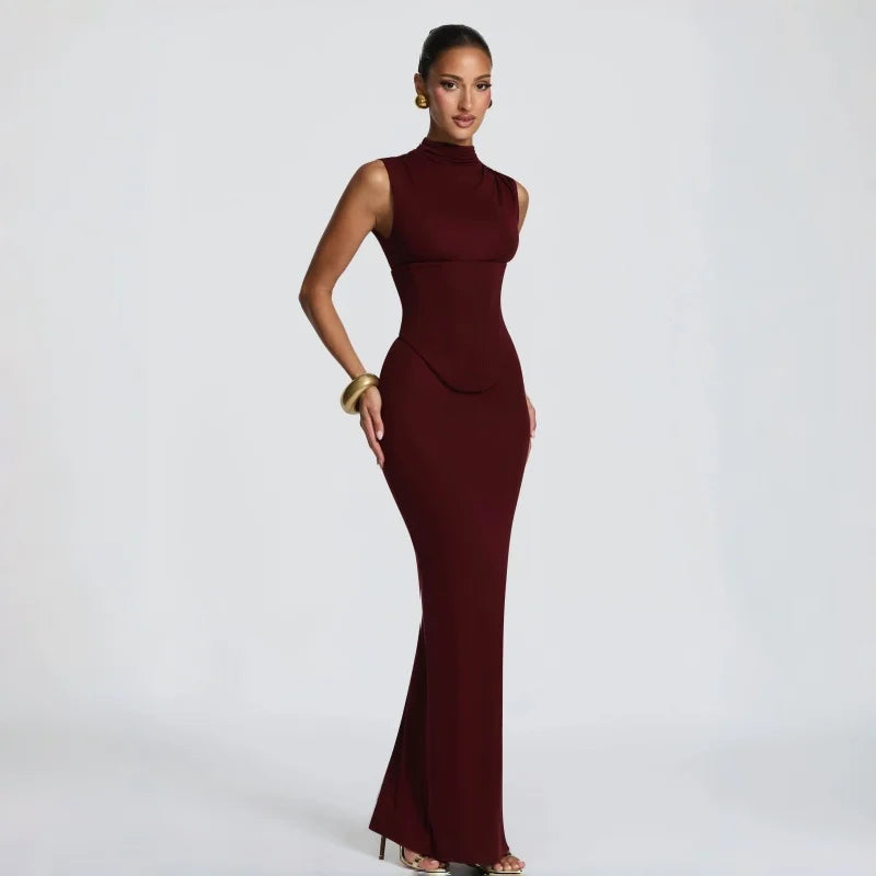 Burgundy High Neck Corset Maxi Dress Sleeveless Bodycon Mermaid Long Dress For Women Sexy Slim Fit Elegant Evening Party Dress