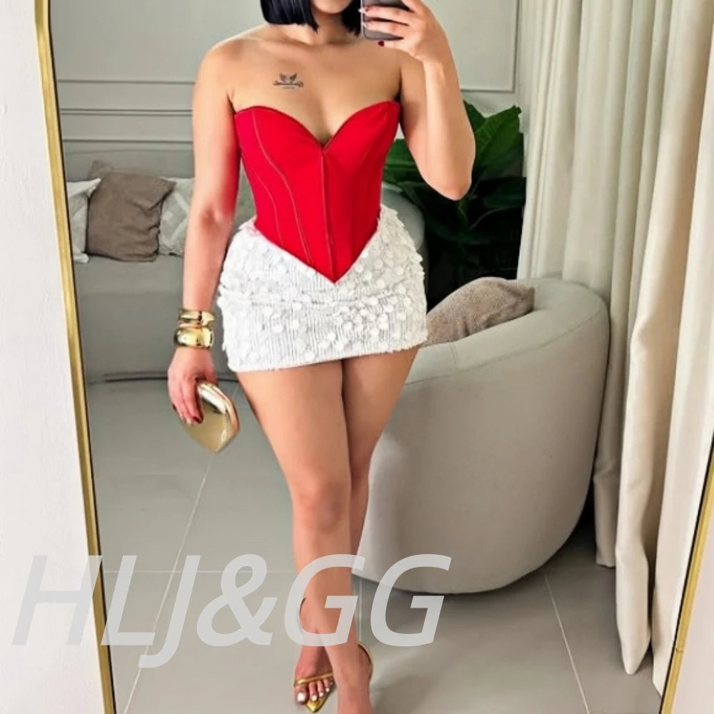 Creysie. Sexy Off Shoulder Corset Vest Two Piece Sets Women Sleeveless Backless Bandage Irregular Top + Sequin Mini Skirts Outfits