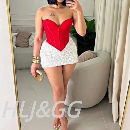 Creysie. Sexy Off Shoulder Corset Vest Two Piece Sets Women Sleeveless Backless Bandage Irregular Top + Sequin Mini Skirts Outfits