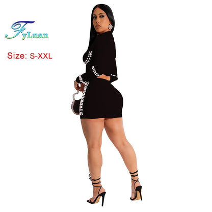 Modern style Women Long Sleeve O Neck Short Top And Sets With Diamonds Street Off Waist Short Skirt Club Vacation Outfits  Sets