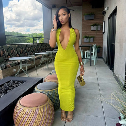 Sexy Women Deep V-neck Halter Maxi Dress Chic Solid Sleeveless Slim Fit Bodycon Dresses 2026 New Summer Club Party Evening Robes