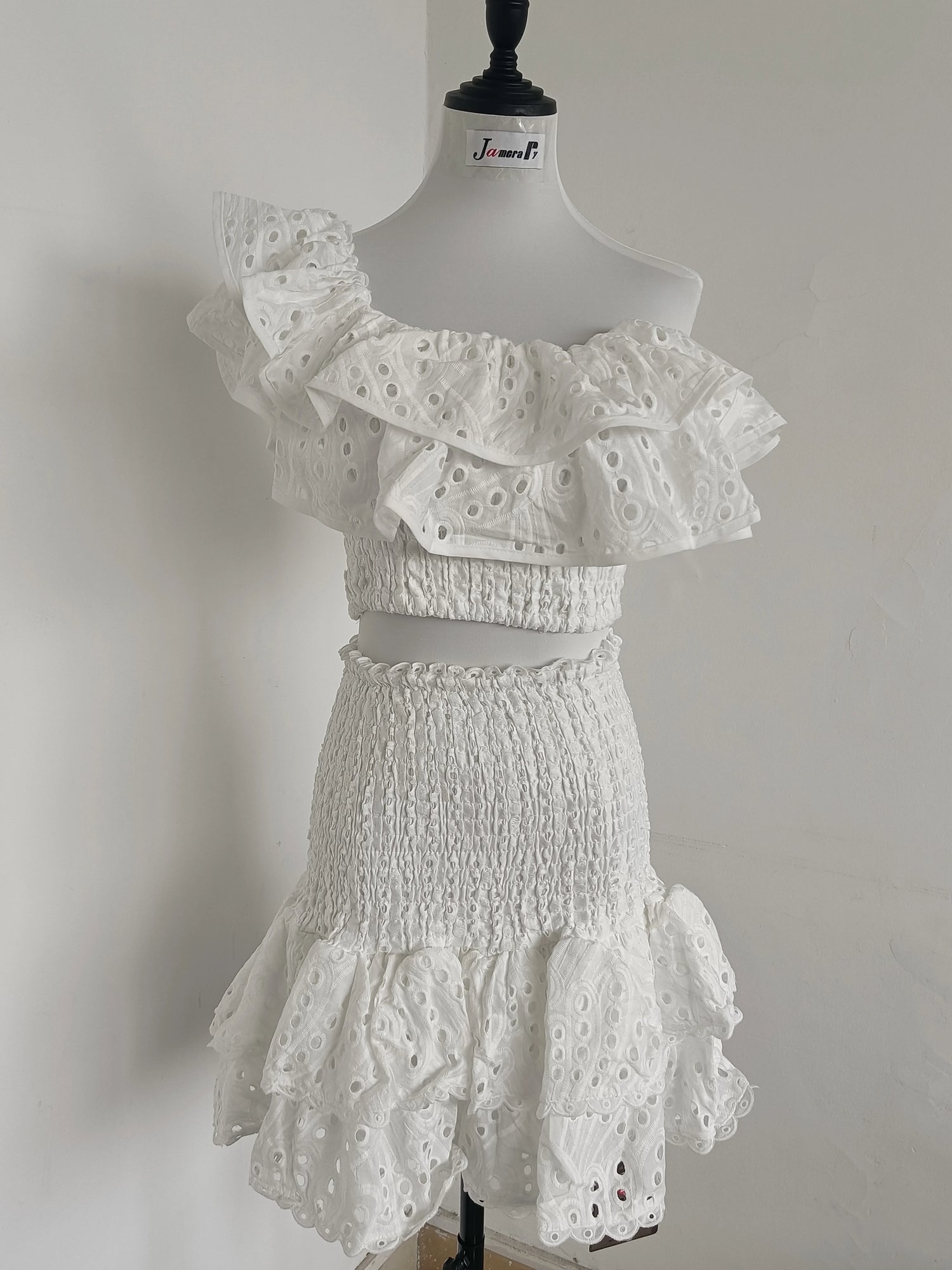 JAMERARY Summer Embroidery 2 Pieces Women Sets Slash Neck Elastic Ruffles Cropped Top + Mini Skirt Suits Hollow Out Outfits