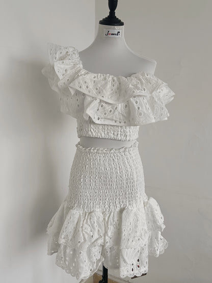 JAMERARY Summer Embroidery 2 Pieces Women Sets Slash Neck Elastic Ruffles Cropped Top + Mini Skirt Suits Hollow Out Outfits