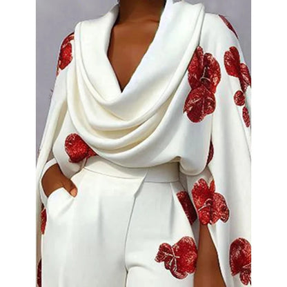 New Arrival Cross-Border Long Sleeve Printed Collar Two-Piece Set Long Pants Women&