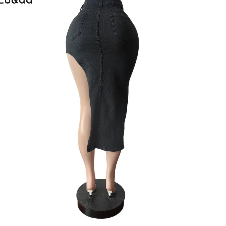 Fashion Embroidery Letter Irregular Skinny Denim Skirts Women High Waisted Button Pocket Cowboy Bottoms Female Streetwear
