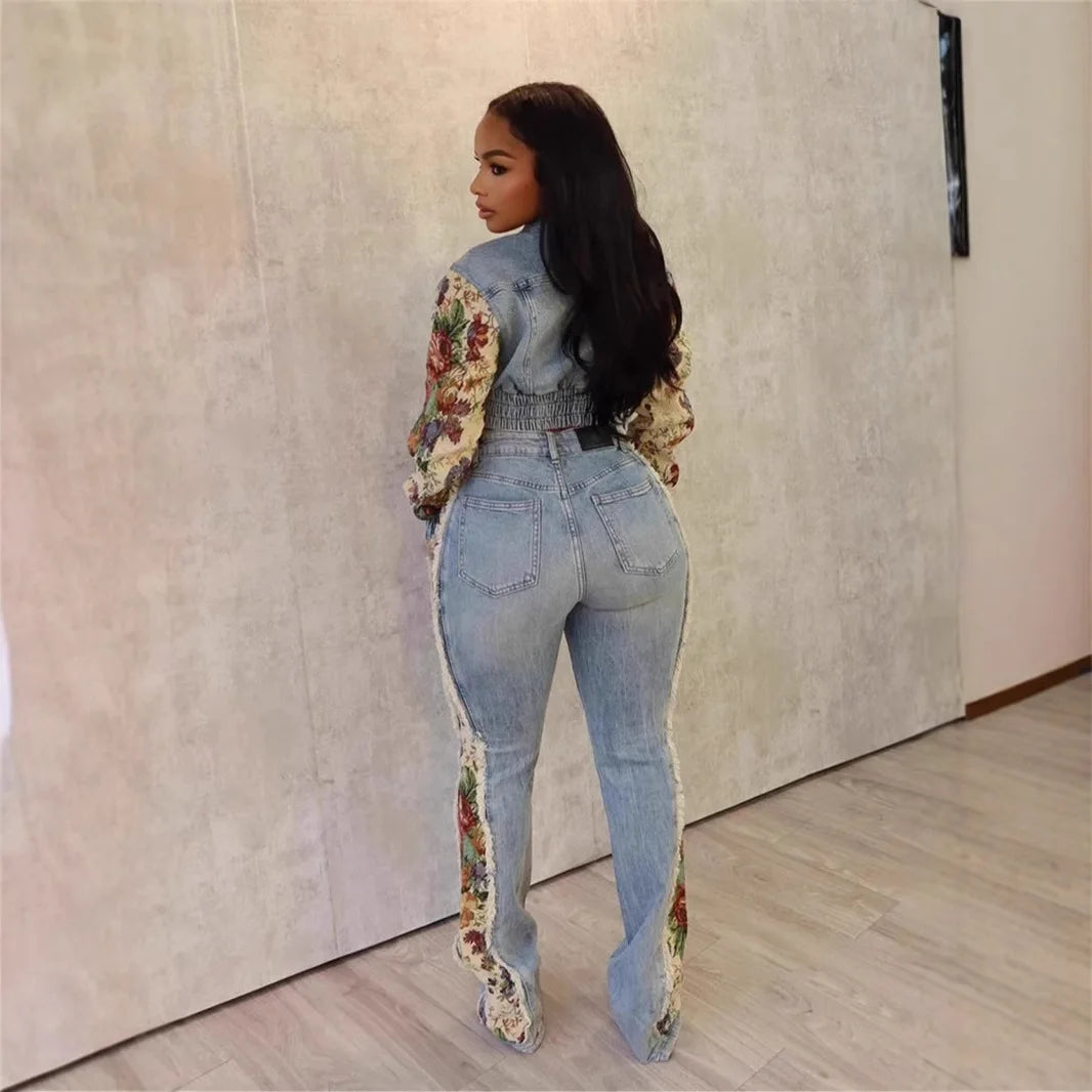 Jeans Suit Women Denim Two Piece Set Short Coat Pants Outfits Hole Trousers Flower Print Turn Down Collar Autumn 2025 Y2k