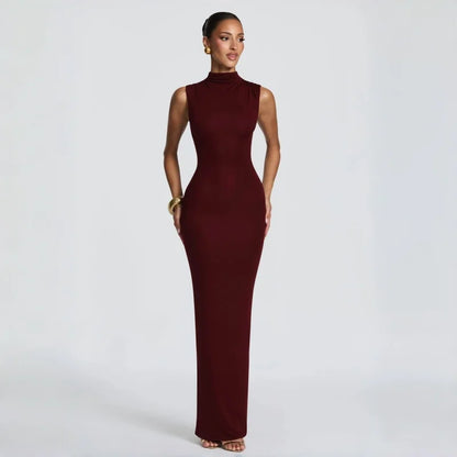 Burgundy High Neck Corset Maxi Dress Sleeveless Bodycon Mermaid Long Dress For Women Sexy Slim Fit Elegant Evening Party Dress