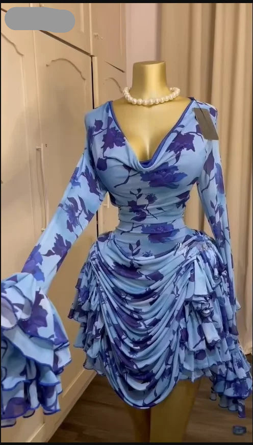 CREYSIE Women Tie Dye Print Ruffles Long Sleeve Bodycon Ruched Draped V-neck Dress 2026 Fall Street Birthday Vacation Dresses