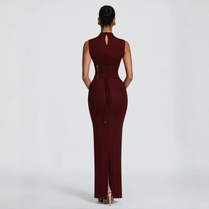 Burgundy High Neck Corset Maxi Dress Sleeveless Bodycon Mermaid Long Dress For Women Sexy Slim Fit Elegant Evening Party Dress