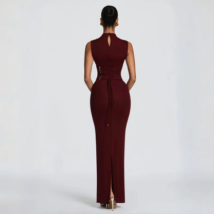 Burgundy High Neck Corset Maxi Dress Sleeveless Bodycon Mermaid Long Dress For Women Sexy Slim Fit Elegant Evening Party Dress