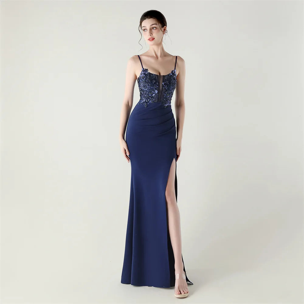 DEERVEADO Elegant Mermaid Strap Soft Satin Evening Dress with Sequins Women&