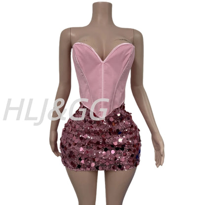 Creysie. Sexy Off Shoulder Corset Vest Two Piece Sets Women Sleeveless Backless Bandage Irregular Top + Sequin Mini Skirts Outfits