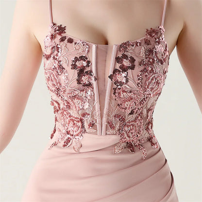 DEERVEADO Elegant Mermaid Strap Soft Satin Evening Dress with Sequins Women&