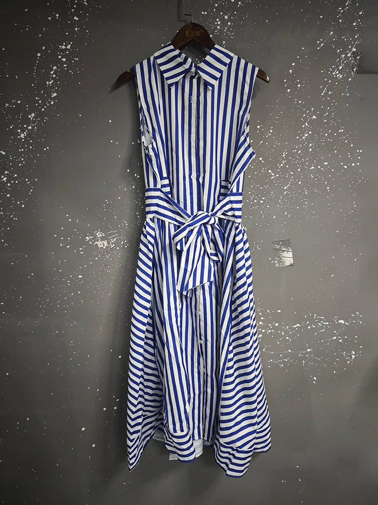 IEQJ Spring Summer Casual Sleeveless Striped Single Breasted shirt Dress Women Mid Length Slim Fit Dresses New 3A1501