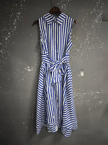 IEQJ Spring Summer Casual Sleeveless Striped Single Breasted shirt Dress Women Mid Length Slim Fit Dresses New 3A1501