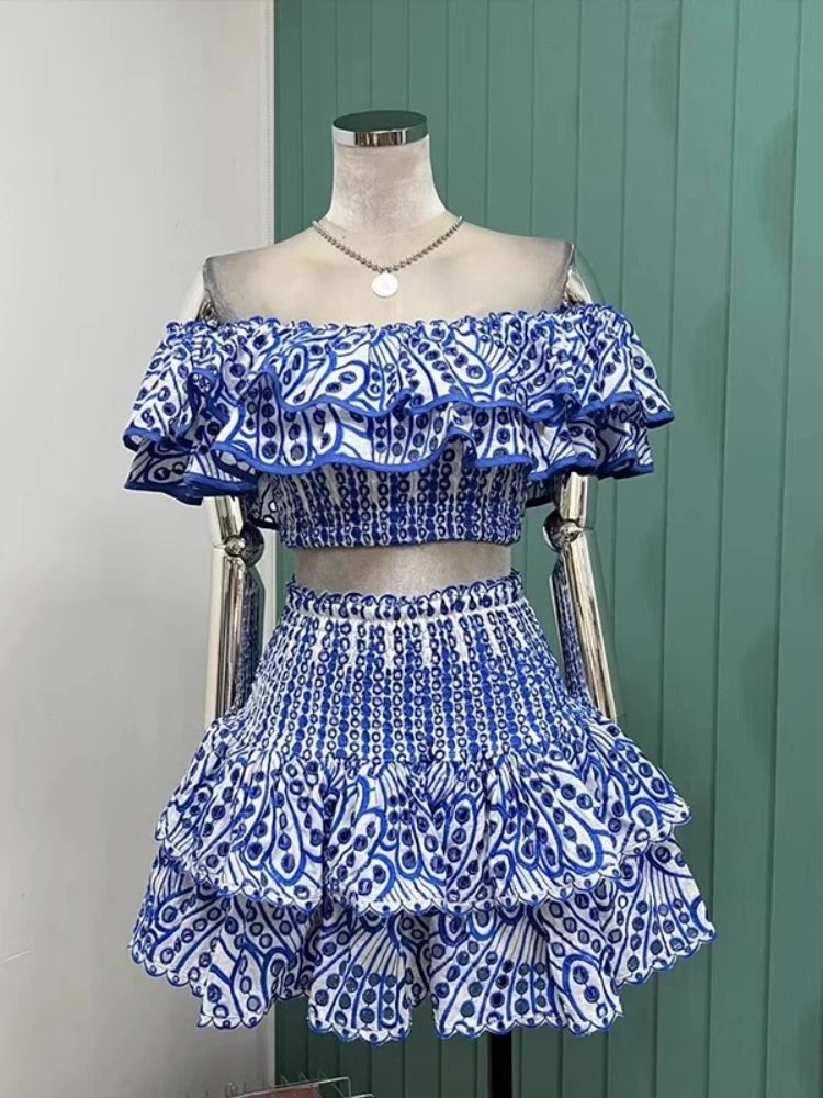 JAMERARY Summer Embroidery 2 Pieces Women Sets Slash Neck Elastic Ruffles Cropped Top + Mini Skirt Suits Hollow Out Outfits