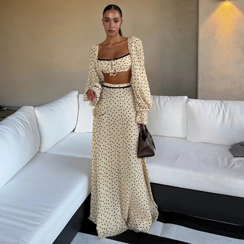 Polka Dot Short Top Long Skirt Lady Set Long Bubble Sleeves Slim Lace up Tops High Waist A-Line Skirt Versatile Women New Sets