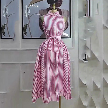 IEQJ Spring Summer Casual Sleeveless Striped Single Breasted shirt Dress Women Mid Length Slim Fit Dresses New 3A1501