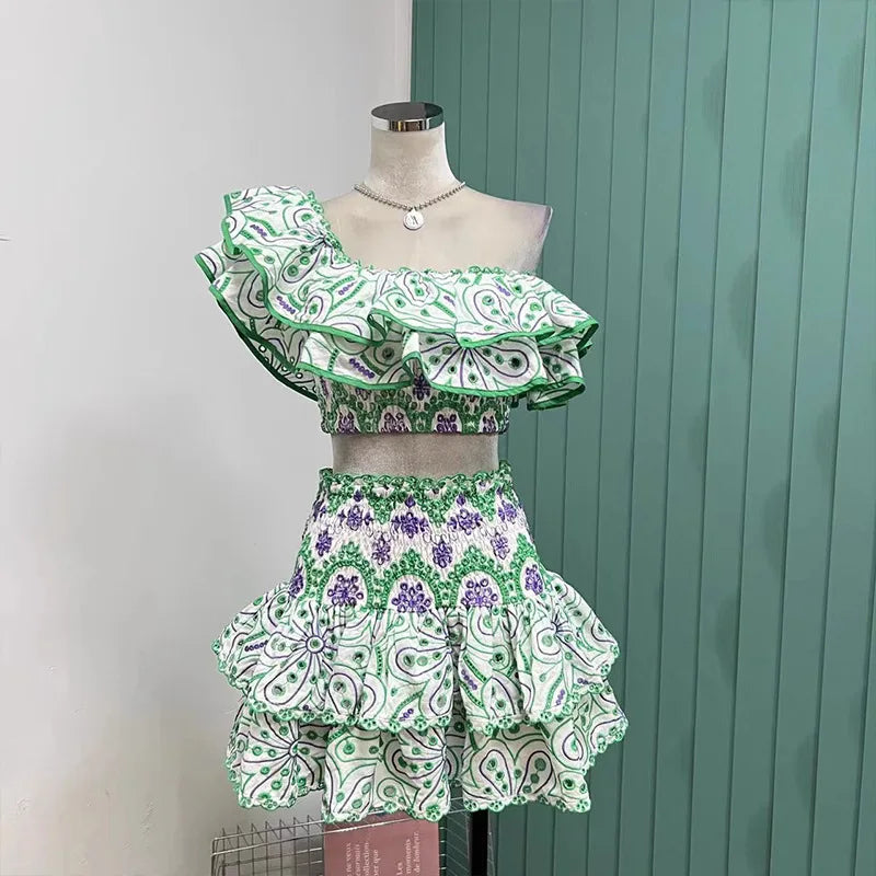 JAMERARY Summer Embroidery 2 Pieces Women Sets Slash Neck Elastic Ruffles Cropped Top + Mini Skirt Suits Hollow Out Outfits