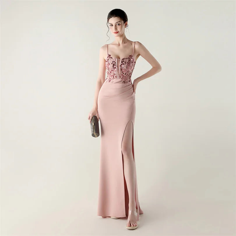 DEERVEADO Elegant Mermaid Strap Soft Satin Evening Dress with Sequins Women&