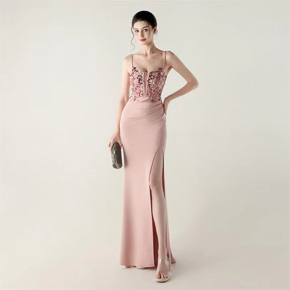 DEERVEADO Elegant Mermaid Strap Soft Satin Evening Dress with Sequins Women&