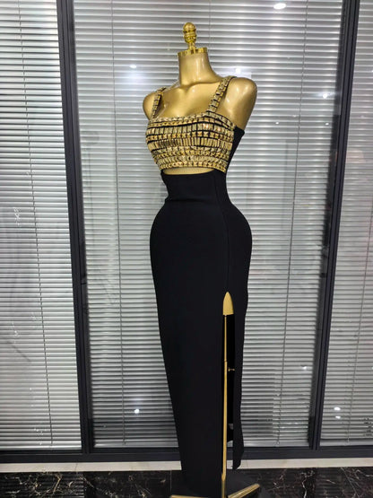 Golden Sequined Women Sleeveless Square Collar Sexy Bodycon Long Bandage Dress Celebrity Red Carpet Fashion Evening Party Dress