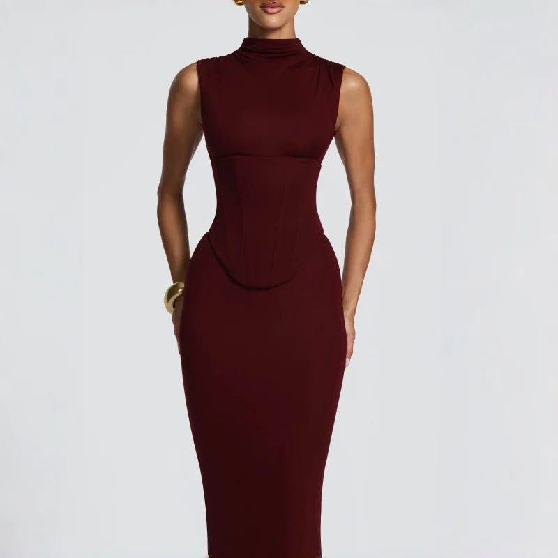 Burgundy High Neck Corset Maxi Dress Sleeveless Bodycon Mermaid Long Dress For Women Sexy Slim Fit Elegant Evening Party Dress