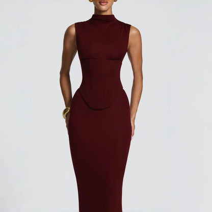 Burgundy High Neck Corset Maxi Dress Sleeveless Bodycon Mermaid Long Dress For Women Sexy Slim Fit Elegant Evening Party Dress
