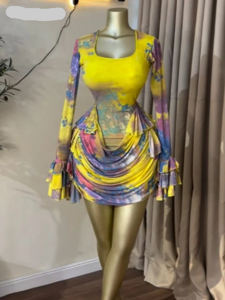 CREYSIE Women Tie Dye Print Ruffles Long Sleeve Bodycon Ruched Draped V-neck Dress 2026 Fall Street Birthday Vacation Dresses