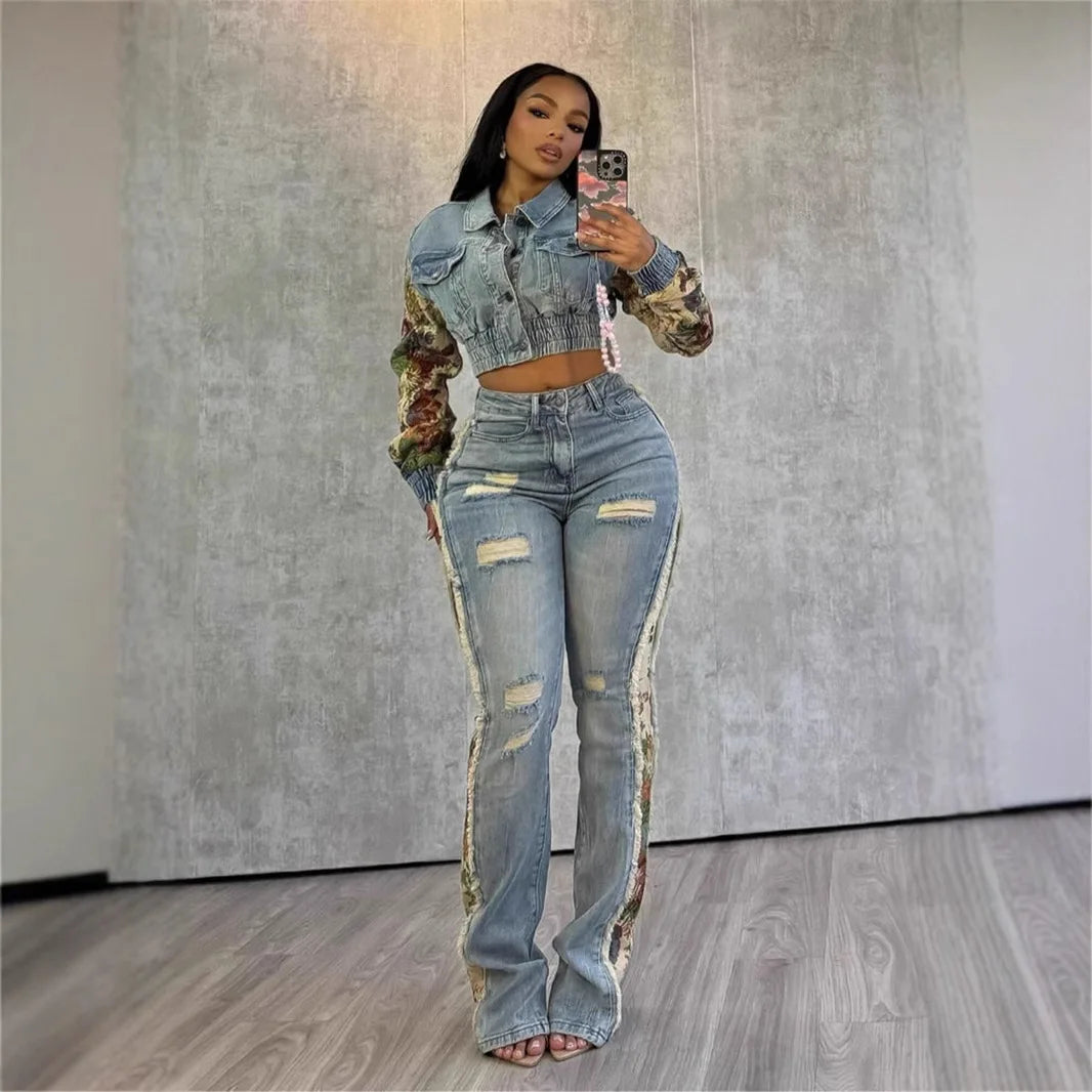 Jeans Suit Women Denim Two Piece Set Short Coat Pants Outfits Hole Trousers Flower Print Turn Down Collar Autumn 2025 Y2k