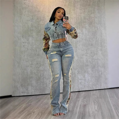 Jeans Suit Women Denim Two Piece Set Short Coat Pants Outfits Hole Trousers Flower Print Turn Down Collar Autumn 2025 Y2k