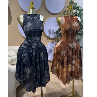 Two Pieces Women Dress Sets Print Matching Sets Slash Neck Sleeveless Shirt Knee Length Empire Waist Skirt Casual 2026 Spring
