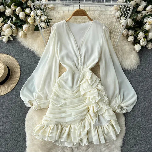 Neploe V Neck  Buttons Fishtail Dress High Waist Slim Ruffles Irregular Robe Korean Office Lady Elegant Long Sleeve Vestidos