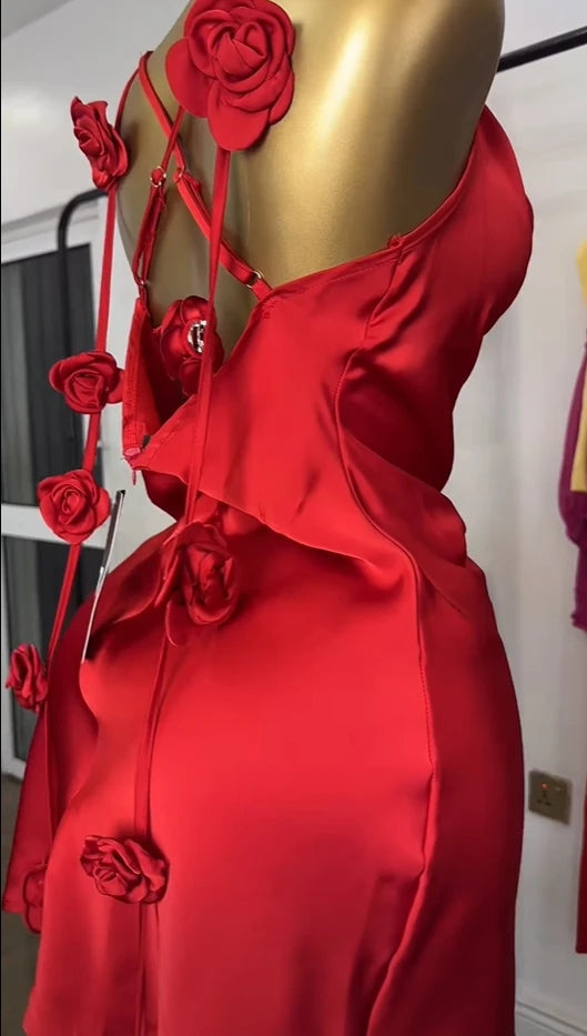 CM.YAYA Women Floral Applique Sleeveless Strap Midi A-line Dress 2025 Summer Holiday Birthday Sexy Club Party Evening Dresses