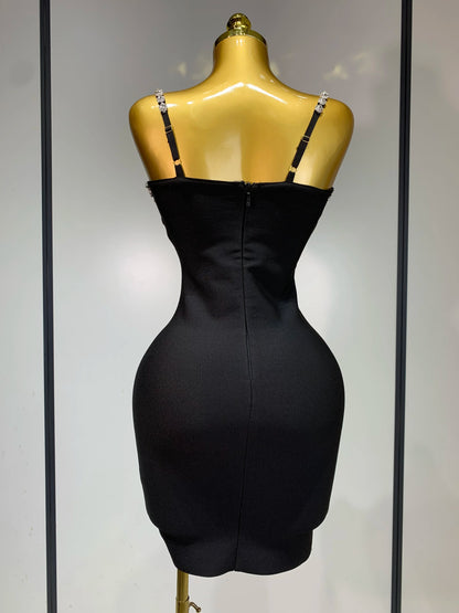 Women Sexy Sling V-neck Black Mini Bodycon Bandage Dress Luxury 2025 Celebrity Evening Club Celebrity Elegant Party Gowns