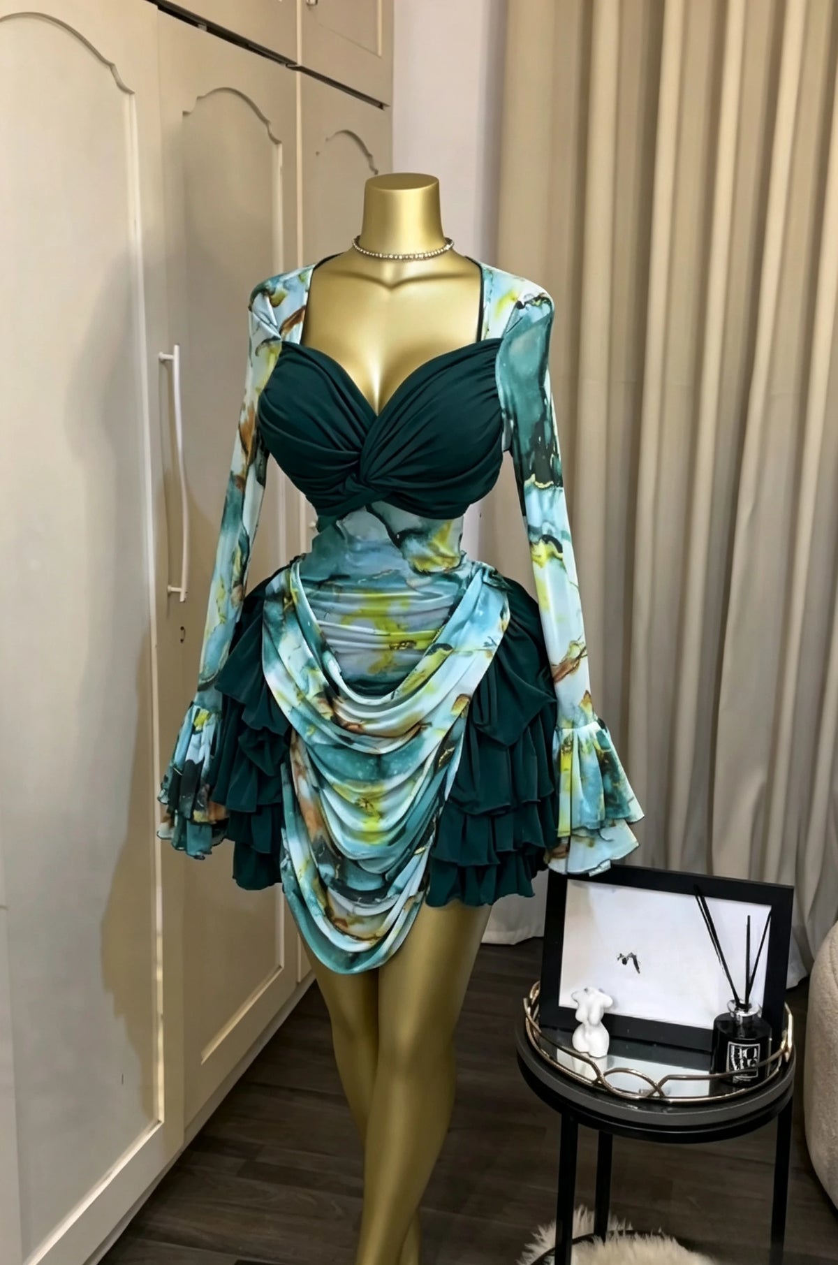 CREYSIE Women Tie Dye Print Ruffles Long Sleeve Bodycon Ruched Draped V-neck Dress 2026 Fall Street Birthday Vacation Dresses