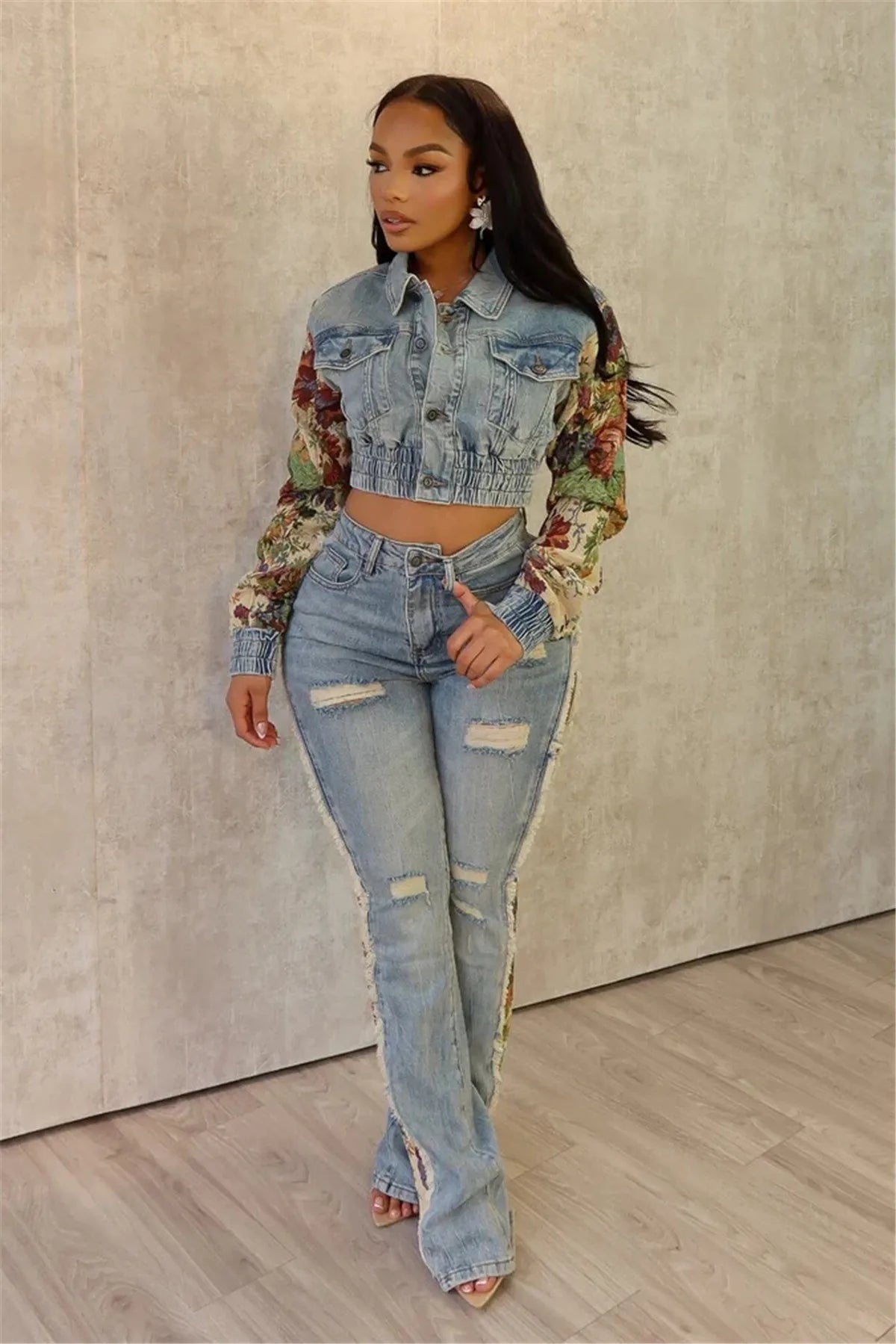 Jeans Suit Women Denim Two Piece Set Short Coat Pants Outfits Hole Trousers Flower Print Turn Down Collar Autumn 2025 Y2k
