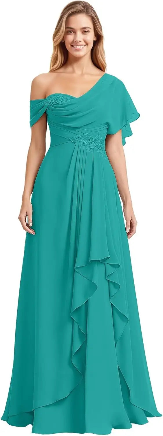 Womens Prom Dresses Off Shoulder Bridesmaid Dress for Wedding Guest 2025 Chiffon Lace Appliques Long Maxi Gowns