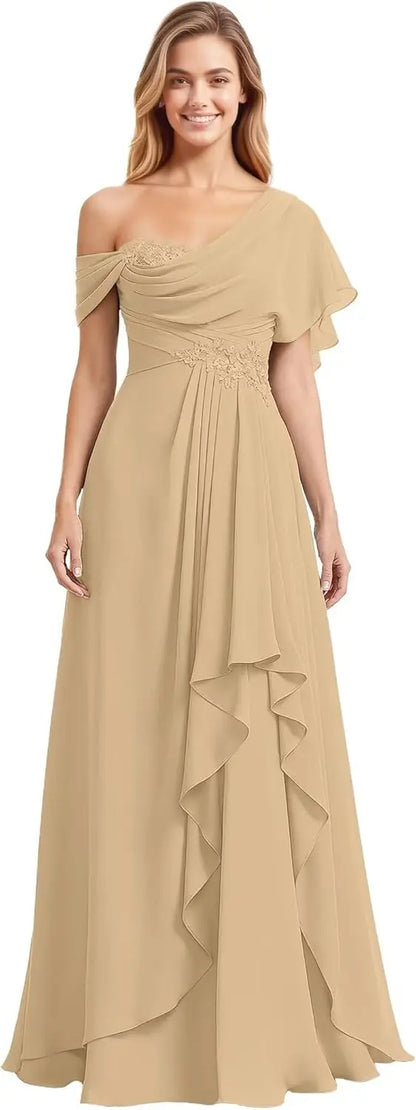 Womens Prom Dresses Off Shoulder Bridesmaid Dress for Wedding Guest 2025 Chiffon Lace Appliques Long Maxi Gowns