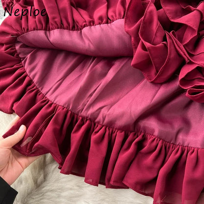 Neploe V Neck  Buttons Fishtail Dress High Waist Slim Ruffles Irregular Robe Korean Office Lady Elegant Long Sleeve Vestidos