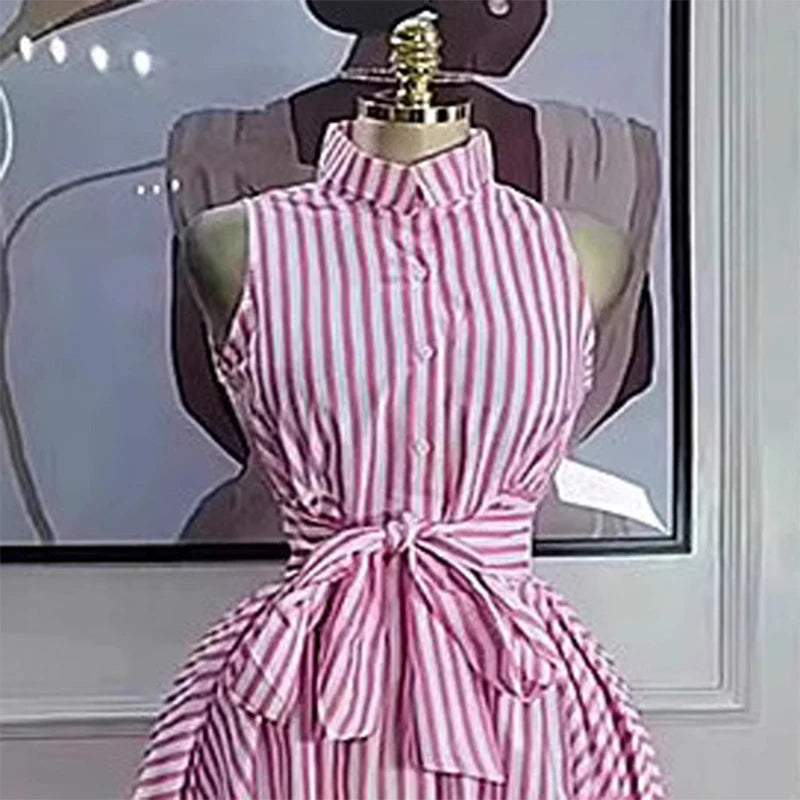 IEQJ Spring Summer Casual Sleeveless Striped Single Breasted shirt Dress Women Mid Length Slim Fit Dresses New 3A1501