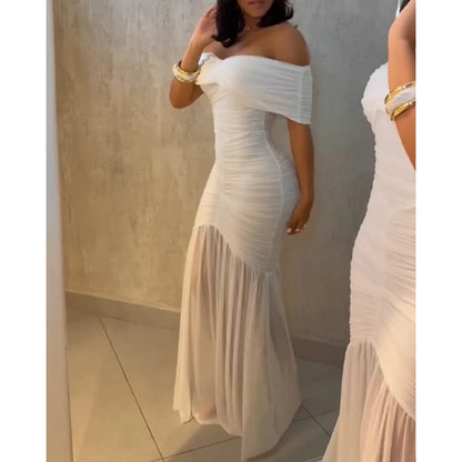 2026 Fashion Women Off Shoulder Ruched Cinched Waist Evening Dress Slim Fit Mermaid Hem Dress for Party Wedding