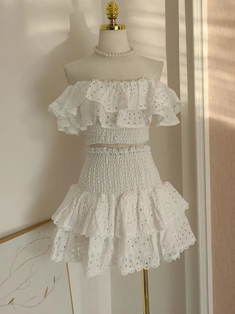 JAMERARY Summer Embroidery 2 Pieces Women Sets Slash Neck Elastic Ruffles Cropped Top + Mini Skirt Suits Hollow Out Outfits