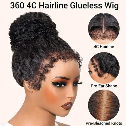 4C Edges Invisible String Snug Fit 360 Full Lace Glueless Frontal Wig With Drawstring Kinky Curly Lace Front 100% Human Hair Wig